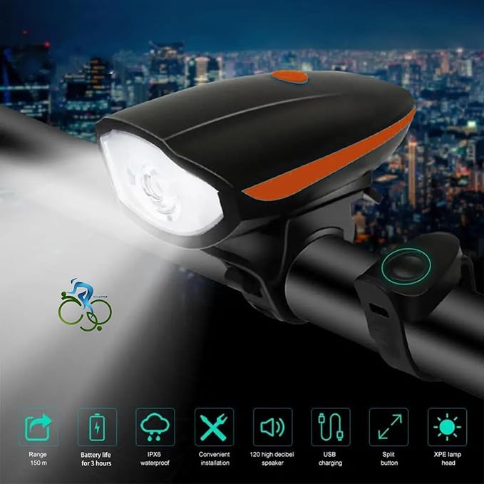 Rechargeable Front Bicycle And Scooter Light with Lithium Battery, Powerful LED Illumination, Built-in Siren, and 5 Multi-Sound Modes – by Abo Elgoukh & Maxlerz – Orange Color - Image 3